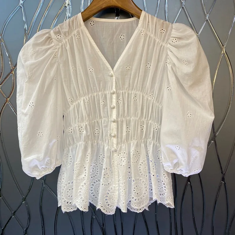 

100%Cotton Blouse 2022 Summer Fashion Ladies V-Neck Hollow Out Embroidery Lantern Sleeve Casual Sexy Tops Shirt Button Blouse