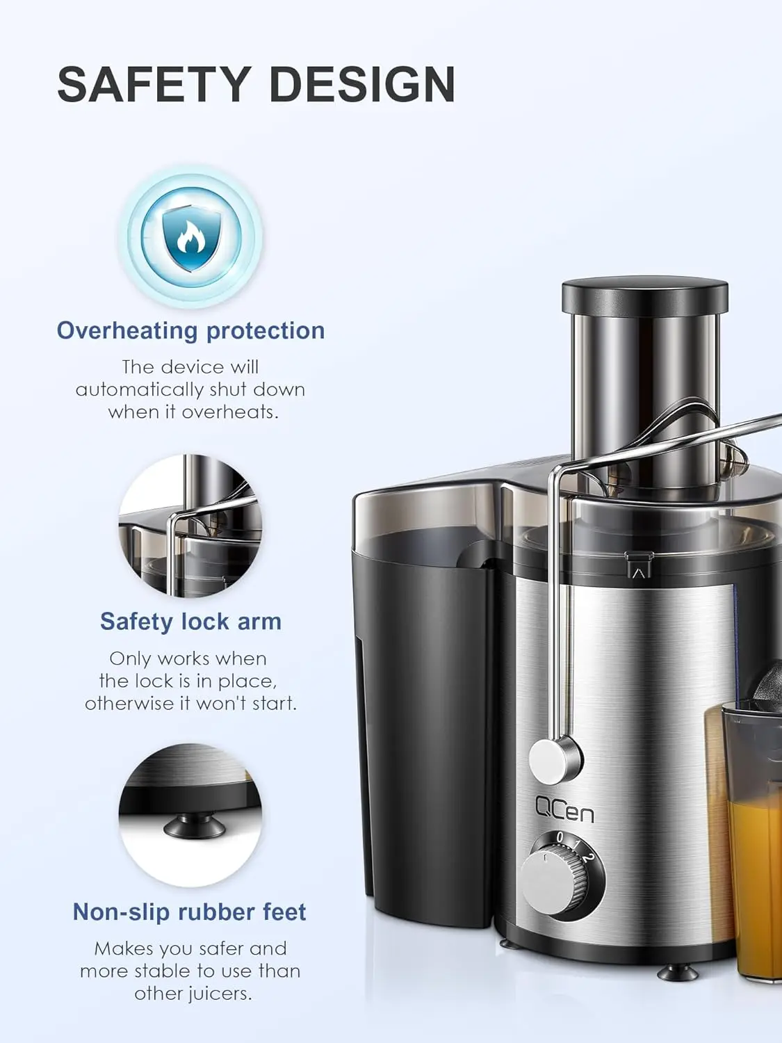 Qcen Juicer Machine, 800W Centrifugal Juicer Extractor with Wide Mouth 3” Feed Chute for Fruit Vegetable, Easy to Clean, Stainle 2