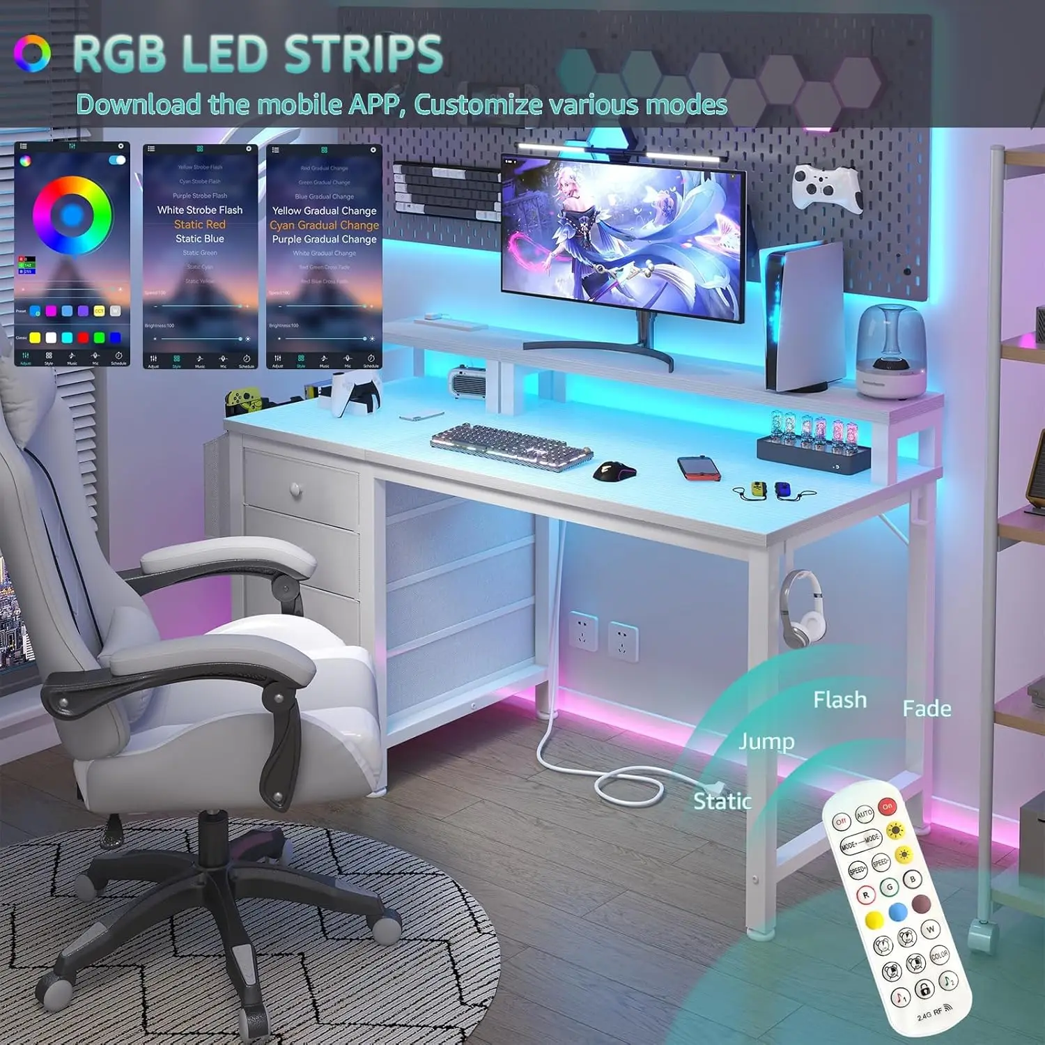 White Desk with 4 Drawers - 47 inch Gaming Desk with Monitor Stand, Computer Gaming Desk with LED Lights Power Outlets 3
