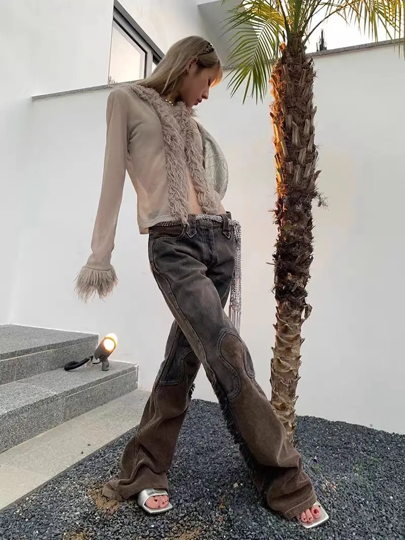 Bell-Bottoms Tassel Splicing High Waist Y2k Denim Wide Leg Pants Women Heavy Washed Brown Straight Trousers 2024 Autumn Vintage
