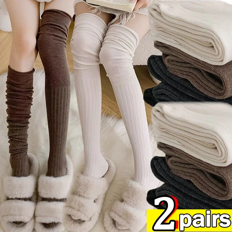 

1-2pairs Winter Thermal Warm Stockings Female Trendy Casual Thigh High Long Tube Socks Black Striped Over Knee-High Leggings