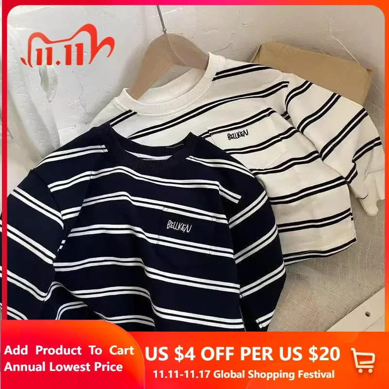 

Children's essential cotton bottom shirt, baby minimalist striped embroidered T-shirt, boys and girls' striped cotton top, thin