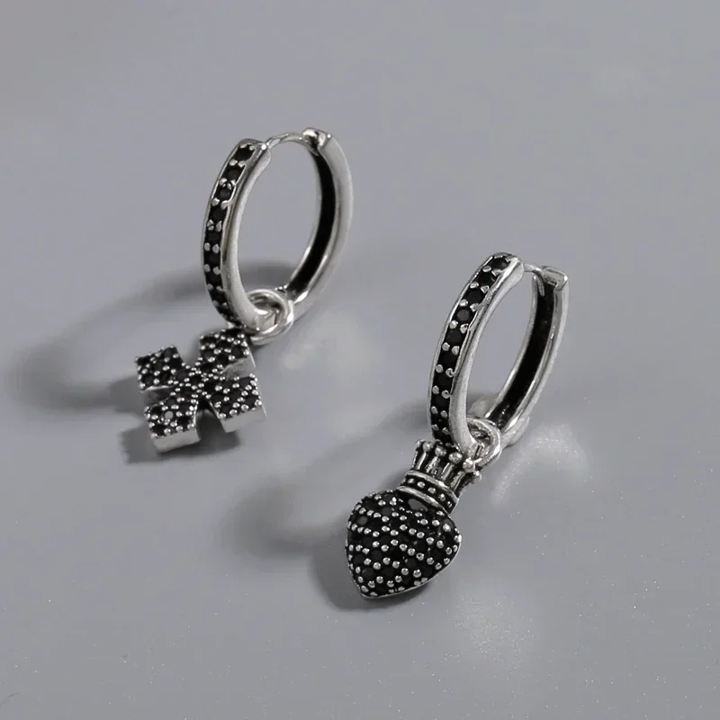 

New Unique Retro Black Zircon Cross Love Crown Asymmetric Women's Earrings