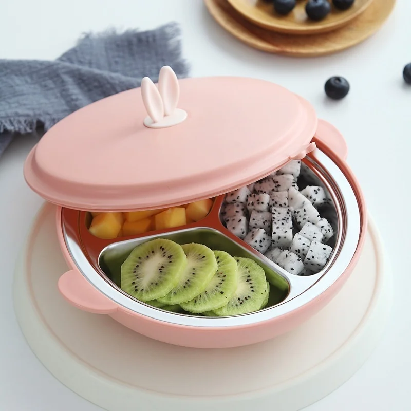 Household Portable Cute 304 Stainless Steel Children's Dinner Plate Grid Student Baby Tableware Rice Bowl Fast Food Plates: 3 - 5 Days Free Delivery Only UK