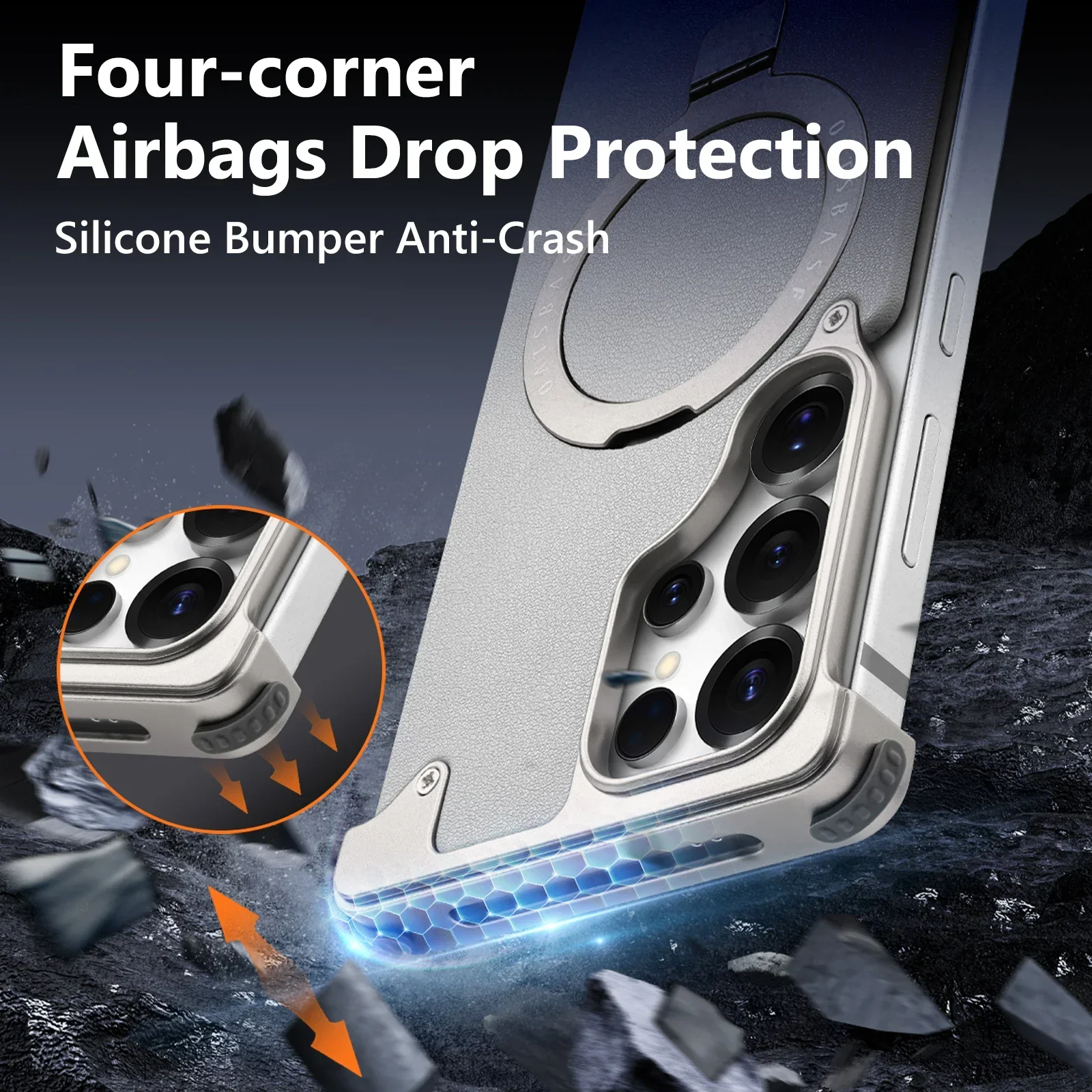 Eary Leather Phone Case for Samsung Galaxy S25 Ultra Magnetic with 360° Rotate Stand Metal Frameless Shockproof Protector Cover