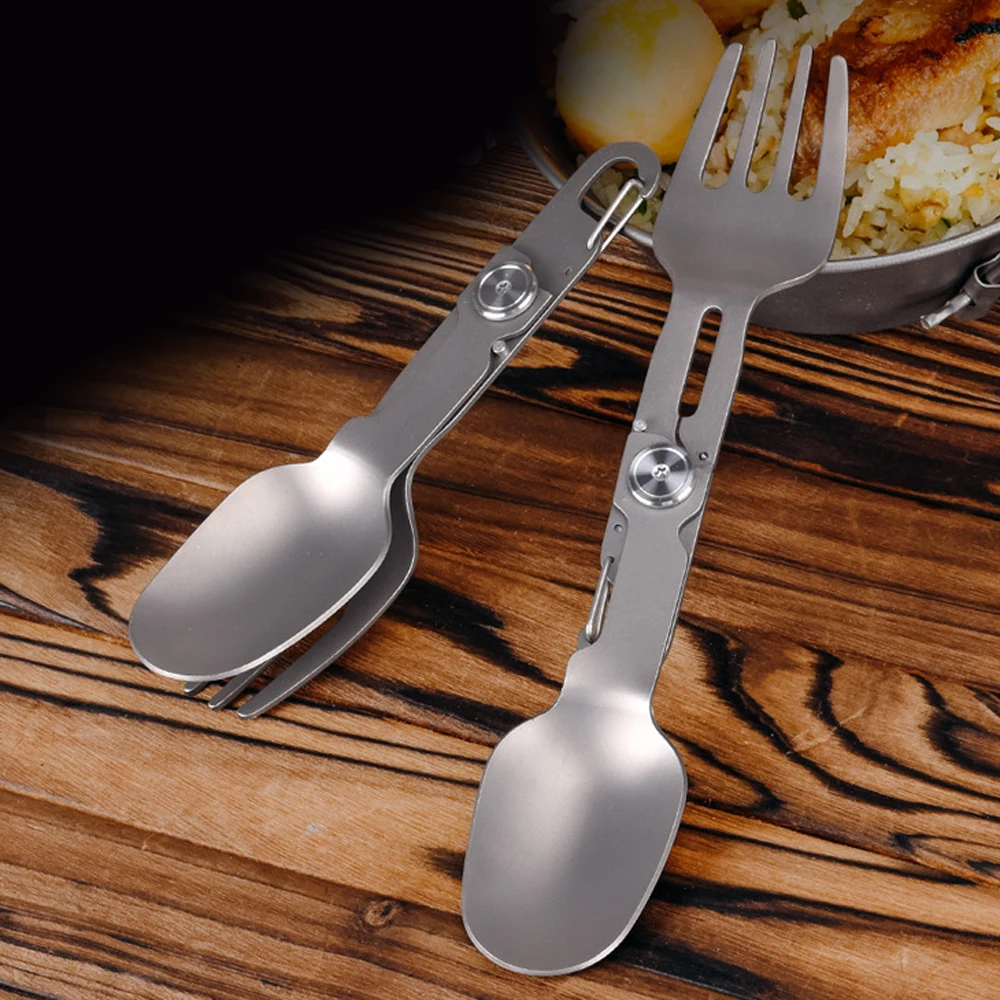 Portable Titanium Alloy 2 in 1 Folding Fork and Spoon Combo Lightweight Camping Utensil Spork for Backpacking Outdoor Tool EDC camping cutlery