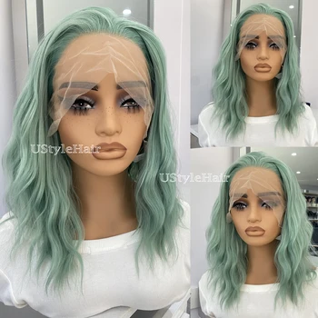 Mint Green Short Wave Wig 13x4 Bob Lace Front Wig for Women Glueless Synthetic Frontal Lace Wigs Daily Wear Cosplay Party Use