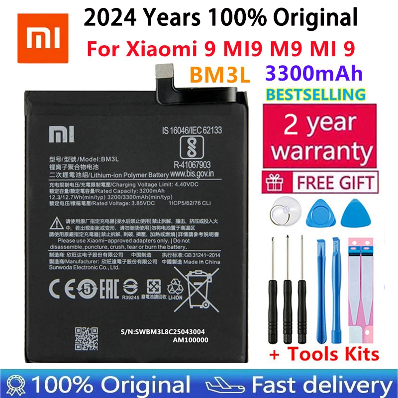 

2024 Year 100% Original Replacement Battery 3300mAh For Xiaomi 9 MI9 M9 MI 9 BM3L Genuine Phone Battery batteries Free Tools