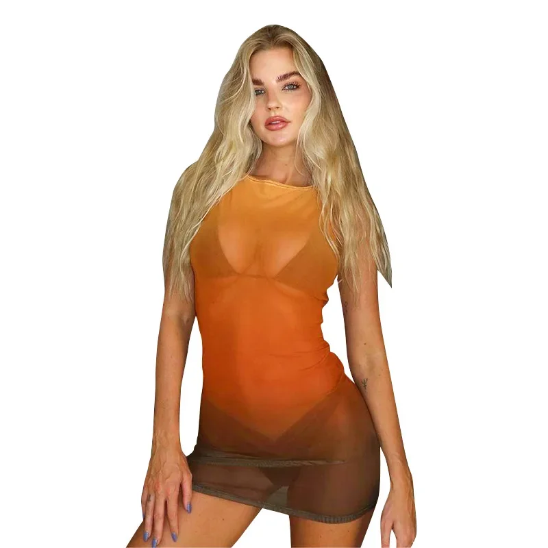 Vestido informal de malla con empalme ligeramente transparente para mujer, ropa de calle sexy, a la moda, con degradado de color, cuello redondo, sin mangas, vestido de verano