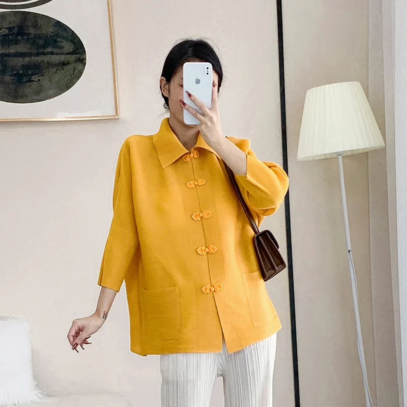 

Женская плиссированная куртка-поло miyake, повседневный однобортный Топ, желтая свободная тонкая винтажная куртка, осень 2022