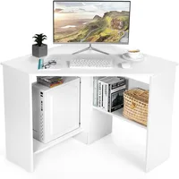 Corner Computer Desk, Space-Saving Triangular Writing Desk w/ 2 Storage Shelves & 2 Cable Holes, Multi-Functional Consol 2