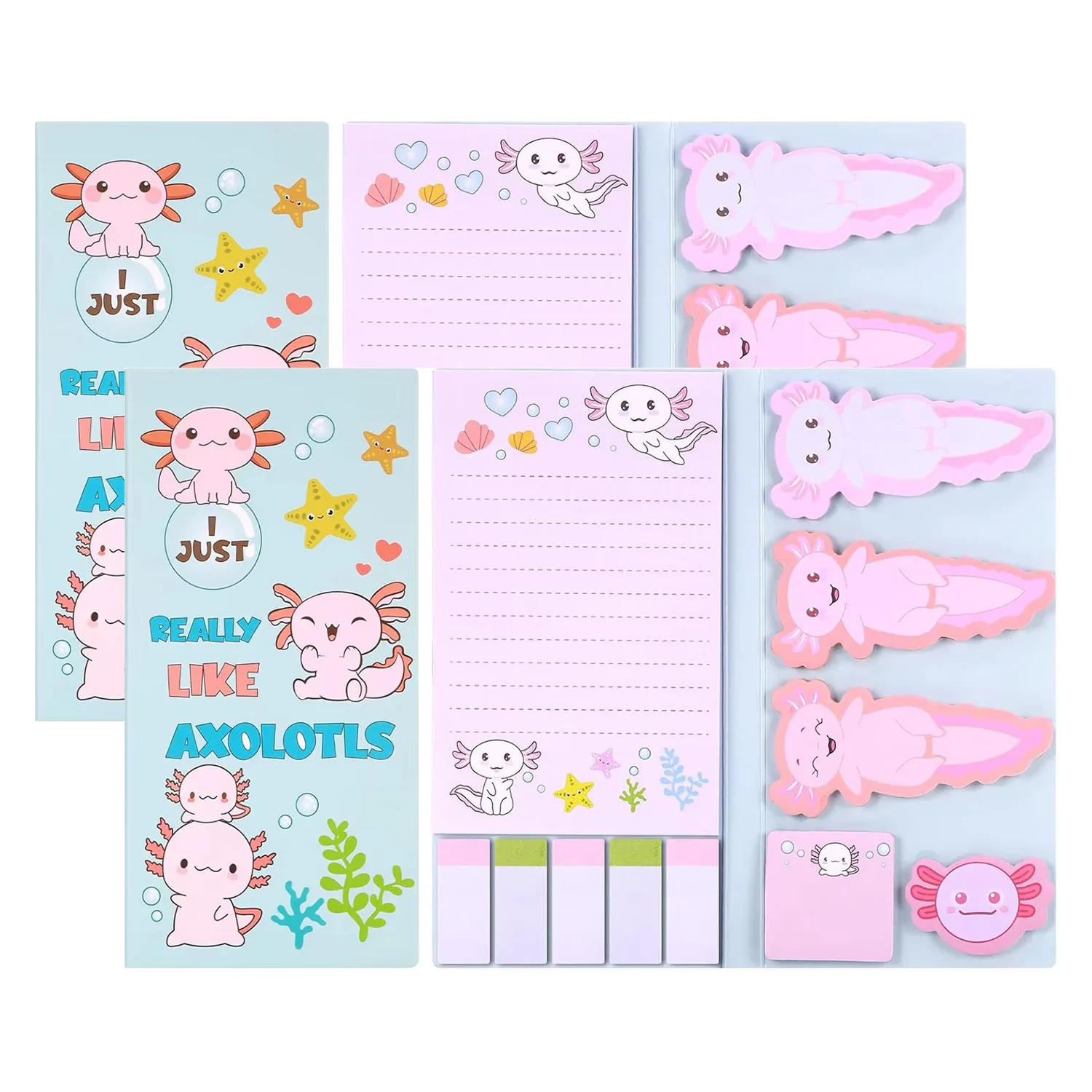 Axolotl Sticky Notes - Cute Pink Cartoon Memo Set for Girls, Party Favors & Student School Supplies