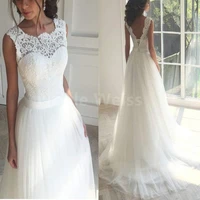 Women's Elegant Lace Wedding Dress A Line Tulle Beach Bridal Gowns Cap Sleeves with Train Customized 1