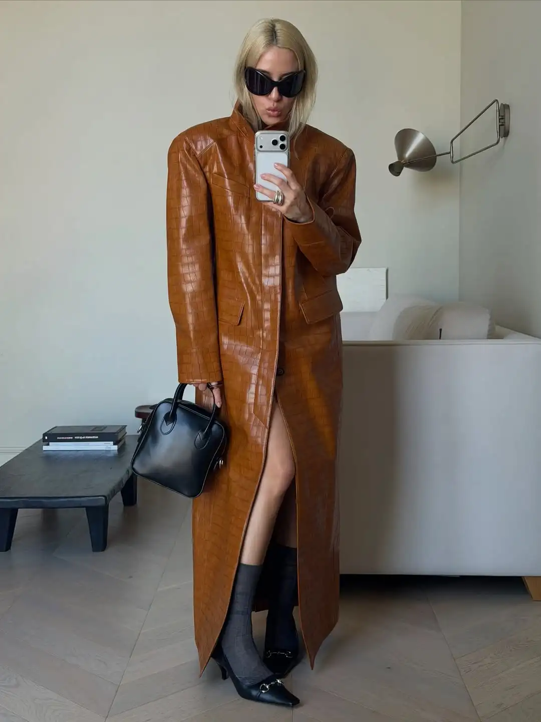 Solid Croc Embossed Faux Leather Long Trench Coat Lapel Single Breasted Straight Long Front Pockets Women Vintage Autumn Winter