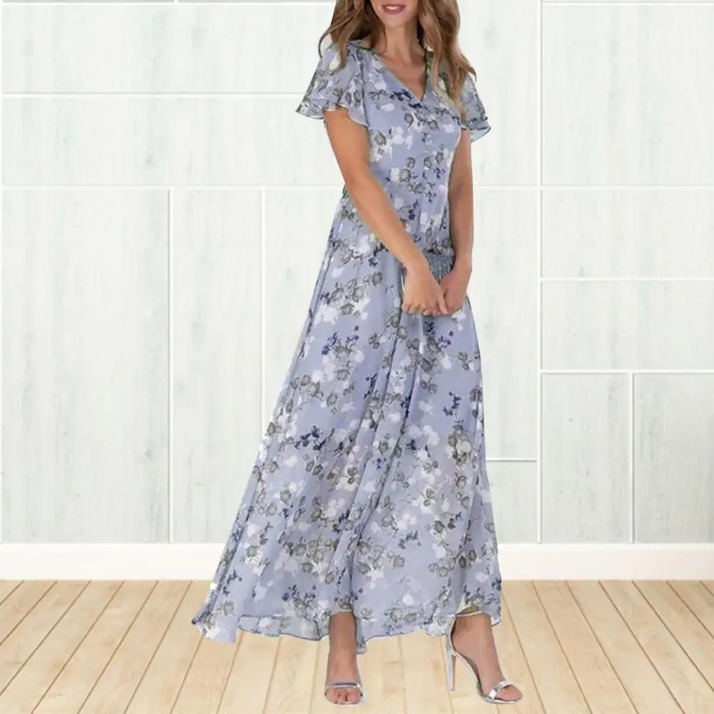 

V-neck Dress Floral Print V Neck Maxi Dress for Women Vacation Resort Wear A-line Loose Fit with Ruffle Detail High Waist Summer