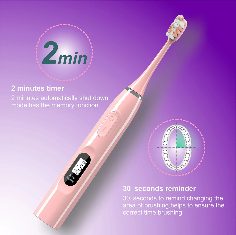 Sfeel 15 Modes LCD Screen Sonic Smart Electric Toothbrush Adult Timer USB Type C Rechargeable IPX7 Waterproof Whitening