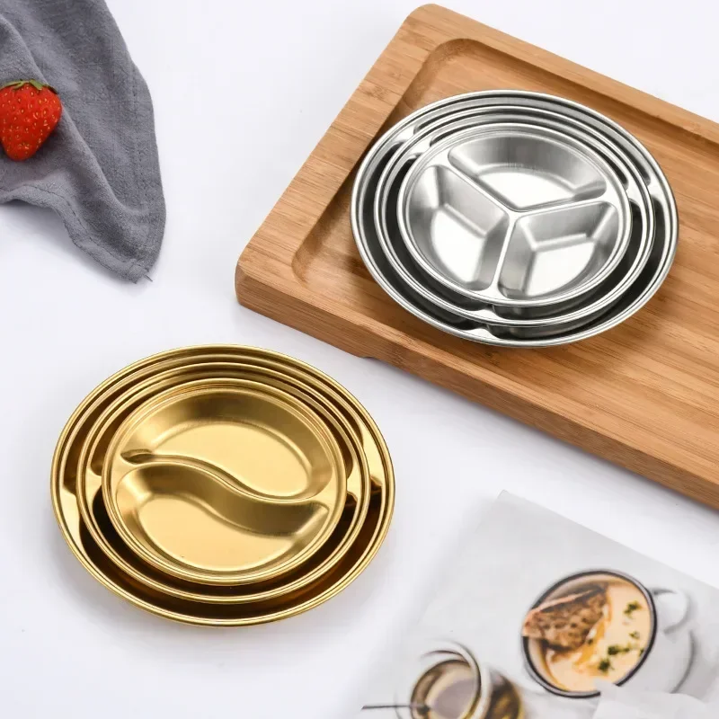 Stainless Steel Dipping Plate Round Small Plate Korean Barbecue Seasoning Gold Grid Hot Pot Flavoring 2PCS