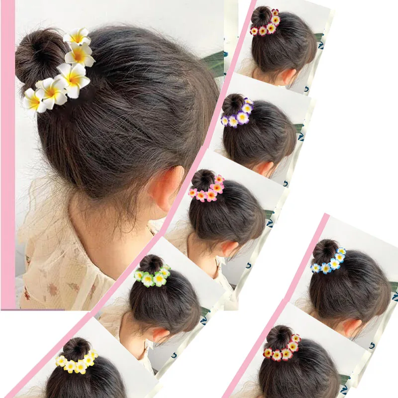 6 pces Wedding Plumeria  Wreath Headband Magic Hair Bun Donut Frangipani Girl Garland For Girls Ponytail Holders Hair Scrunchies new wedding plumeria flower wreath headband crown frangipani headpiece girl hair band garland halo garland festivals