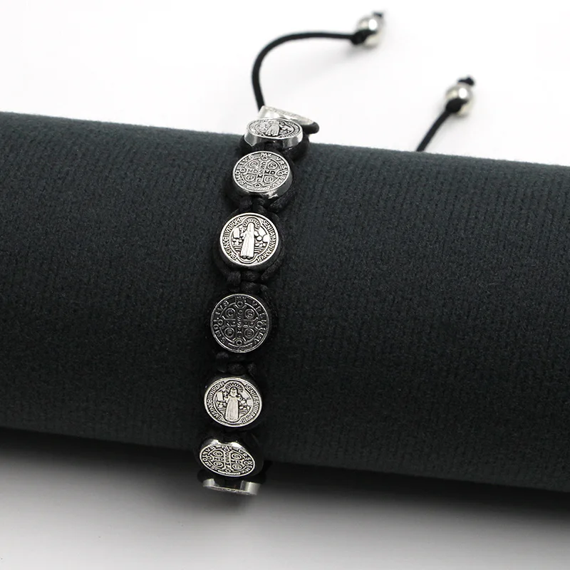 Braided Bracelet Handmade St. Benedict Medal Braided Rosary Coin Beaded Cross Bracelet