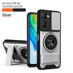 Armor Shockproof Phone Case with Sliding Camera Cap and Built - in Magnet Ring Kickstand for Vivo Y18e (SJZJ silver)