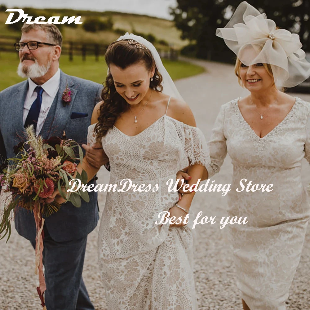 DREAM Spaghetti Straps Lace Off Shoulder Bohemian Wedding Dress V Neck Criss Cross A Line Sweep Train Bridal Gown