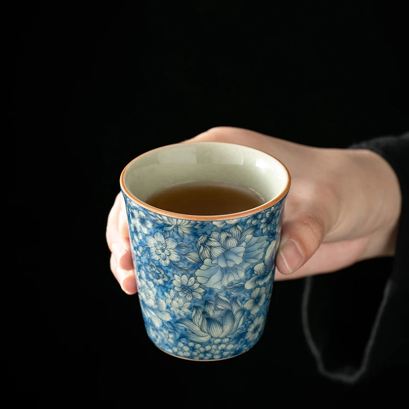 Antique Blue White Ceramic Teacup-Ru Kiln Crackle Glaze, Kung Fu Tea Set, Seasonable Single Cup for Tea Lovers, Personal Use