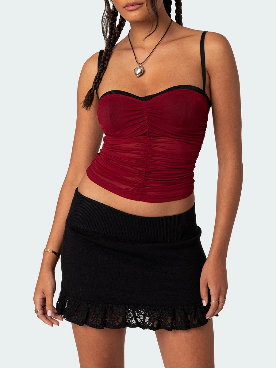 

Новые женские сетчатые майки в стиле пэчворк, майки без рукавов на тонких бретельках с рюшами и открытой спиной, размеры S, M, L