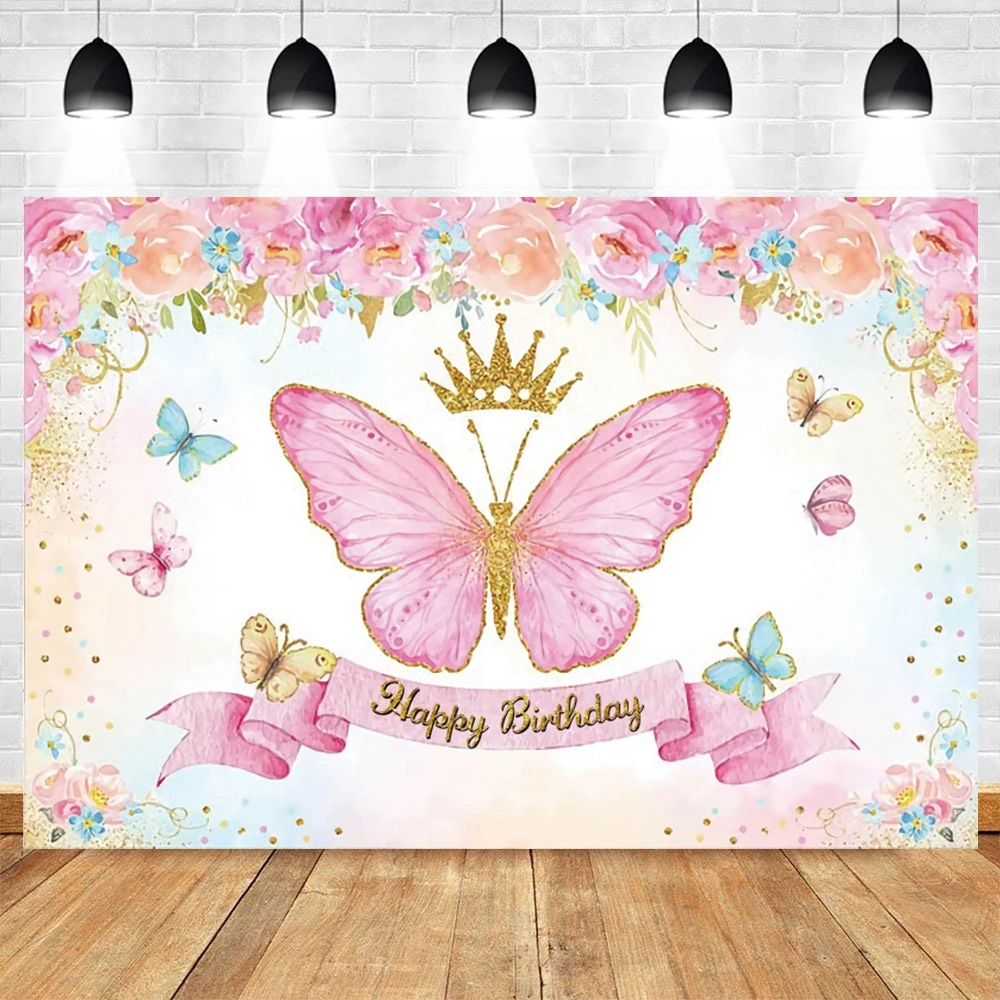 Newborn Baby Shower Backdrop Butterfly Flowers Princess Girl Happy Birthday Party Photography Background Decor Banner photo backdrop