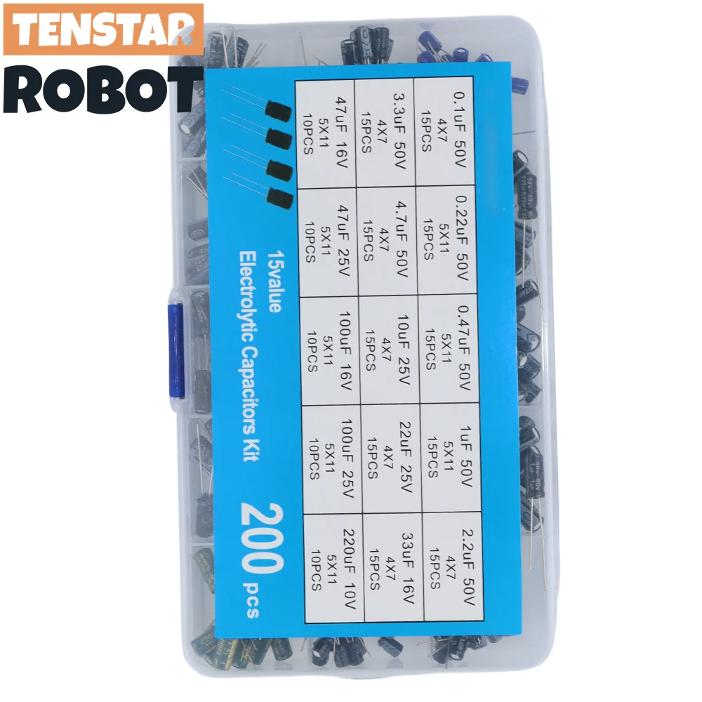 200pcs Radial Electrolytic Capacitor Set 15Values 10V 16V 25V 50V 0.1uF-220uF electrolytic capacitor