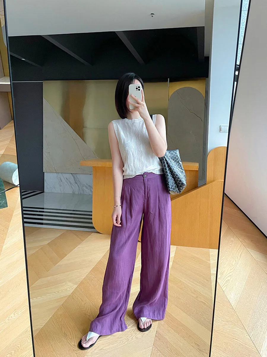 

Women High Waist 100% Linen Loose Long Pants 2023 Summer New All-Match Straight Casual Ladies Wide Leg Pants