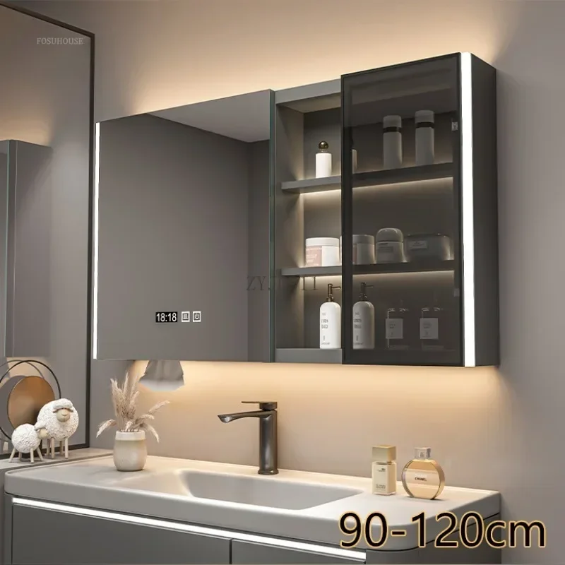 Modern Solid Wood Bathroom Smart Mirror Cabinet with Light Defogging Bathroom Furniture Beauty Mirror with Storage Locker