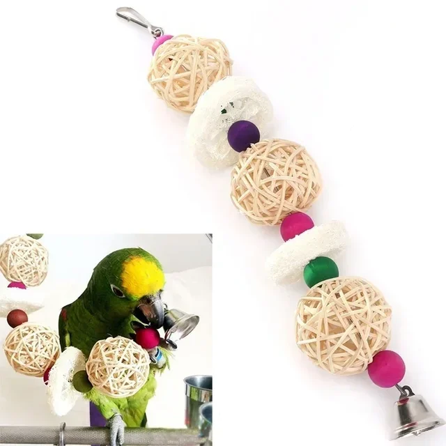 New Bird Pet Bites Toy Parrot Macaw Luffa Bell Swing Scratcher Climb Toys Cockatiel Colour Random 5