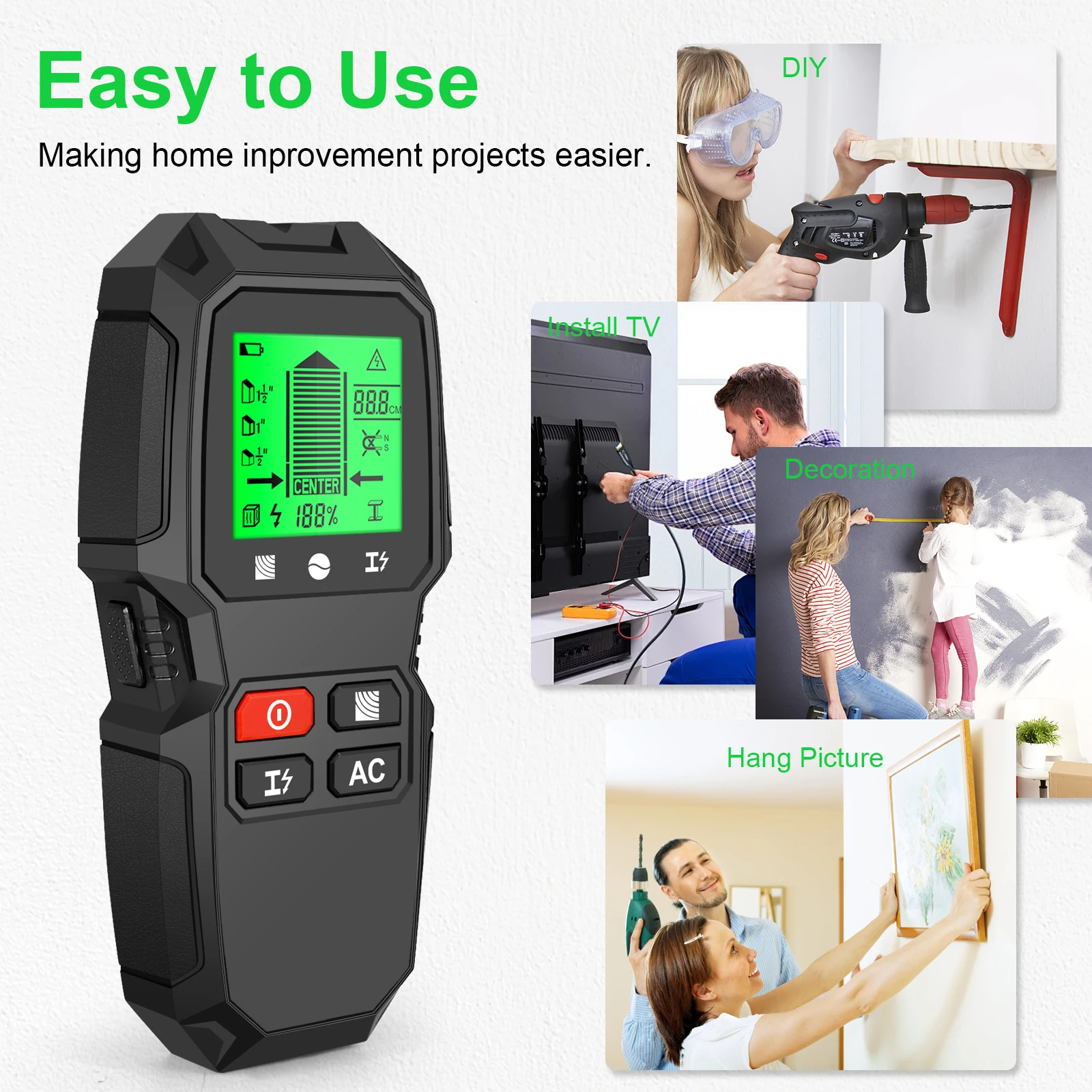 Wall stud finder sensor 5 in 1 LCD electronic detector edge center wood current metal AC live wire detection
