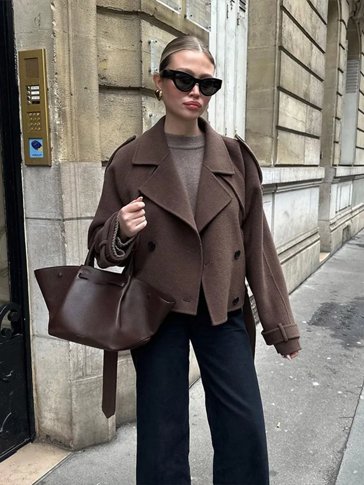Wool Overcoat Women Long Sleeve Double-breasted Casual Lapel Neck Short Blend Jacket Ladies Stylish Street Outerwear