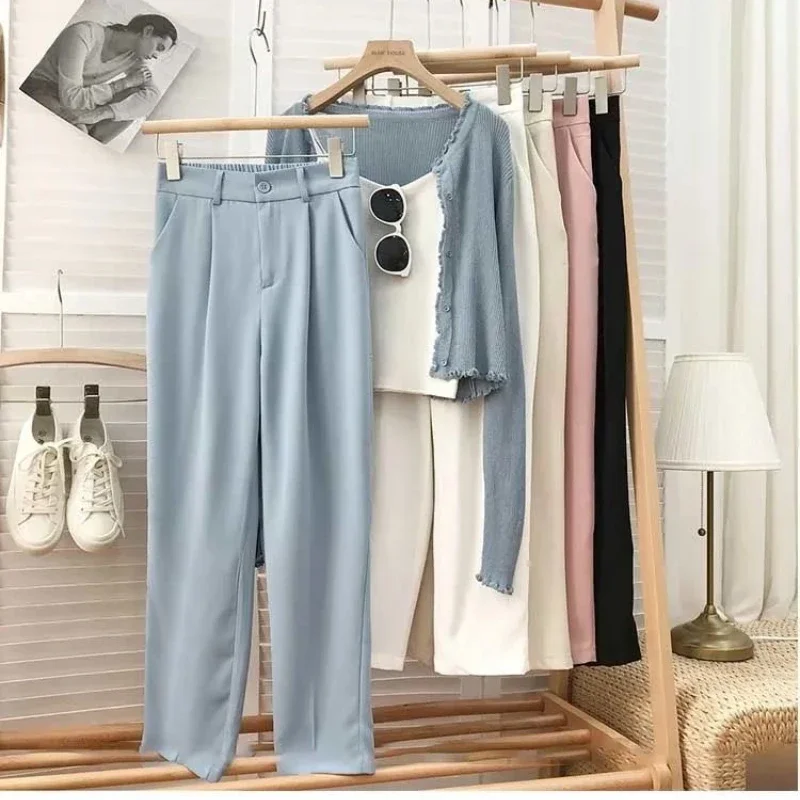 Fashion Elastic High Waist Suit Pants Women 2023 Spring Casual Loose Straight Black Trouser Office Ladies Nine Points Streetwear
