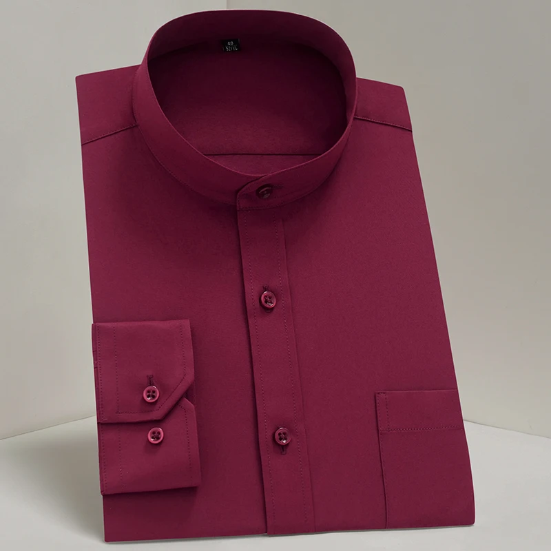 Men's Fashion Stand Collar Long Sleeve Shirt Pure Color Striped Business Casual Dress Formal Shirt Slim Fit soft comfortable