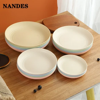 Assiettes rondes en paille de blé de couleur unie, assiettes à salade, Dessert, dîner, réutilisables, passe au micro-ondes, Anti-chute et incassables, assiettes à fruits