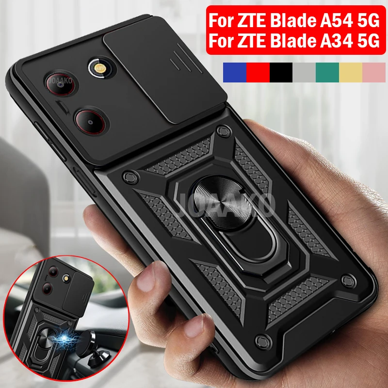 ZTE 블레이드용 슬라이드 카메라 커버, A54 A34 케이스, 아머 링 스탠드, ZTE 블레이드 A34 A54 충격 방지 카파용 보호 커버