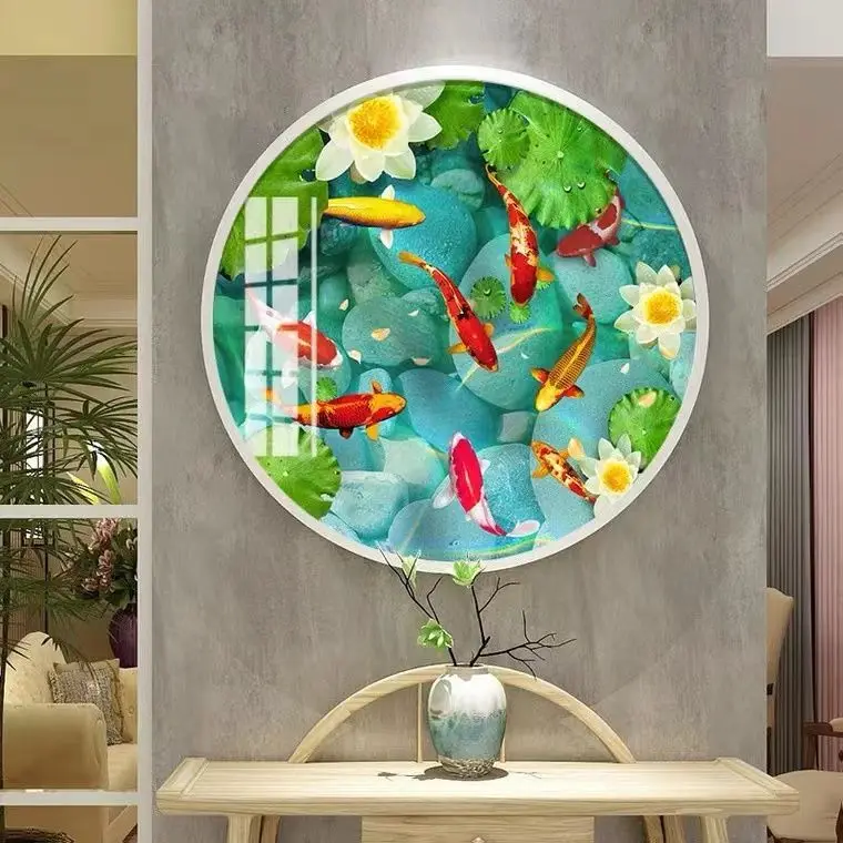 

Handmade Cross Embroidery 2023 Finished Lotus Nine Fish Picture New Round Decoration Hanging Picture for Living Room and Bedroom