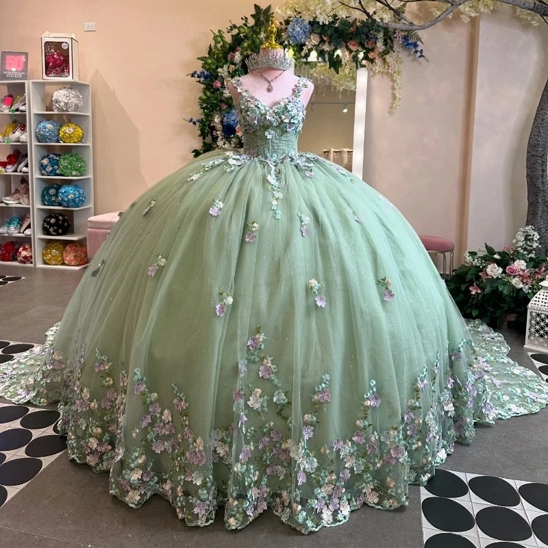 ANGELSBRIDEP Glittering Sage Green Quinceanera Dresses Flower Lace Appliques Straps Vestidos De 15 Anos Birthday Party Prom