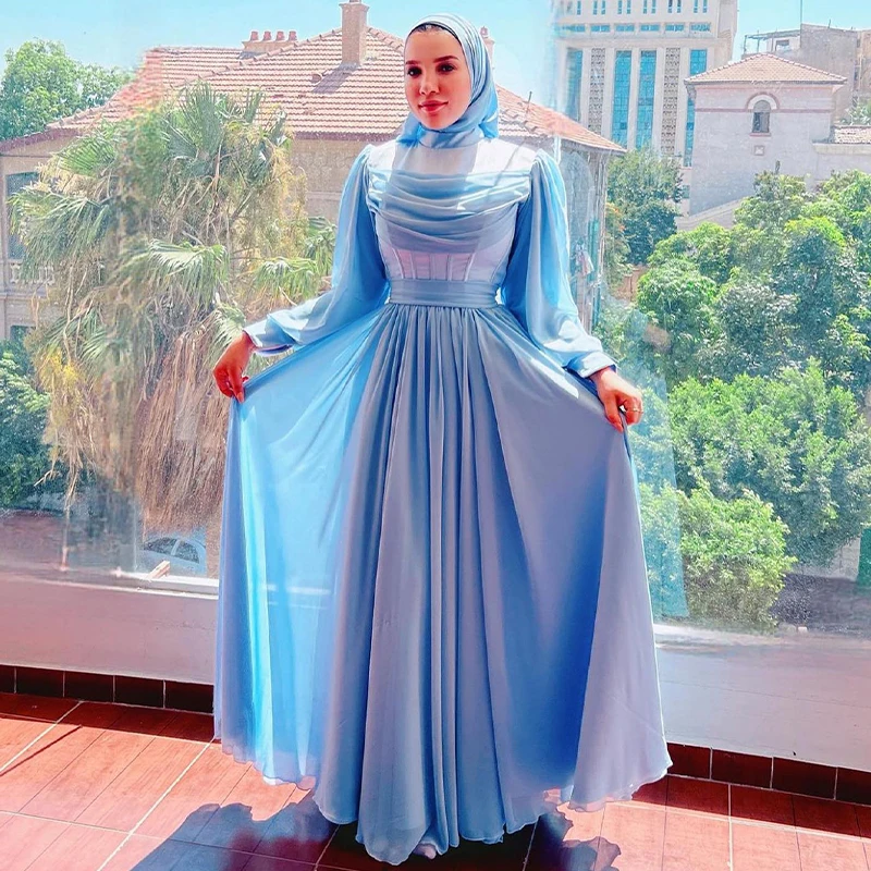 

Sky Blue Chiffon Prom Dresses for Hijab Women Muslim Evening Party Gowns High Neck Long Sleeves A Line robes bal de promo