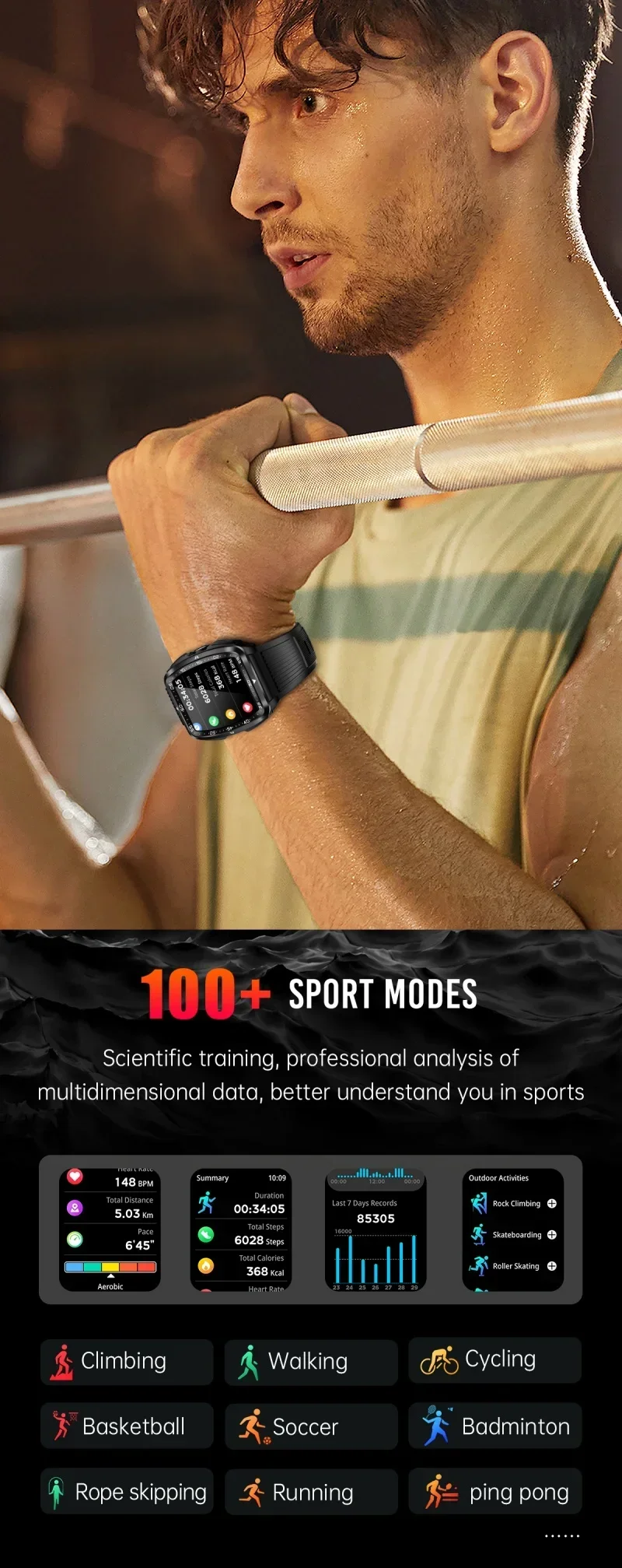 Relógio inteligente masculino militar com monitor de saúde, IA, voz, chamada Bluetooth, fitness, à prova d'água, esportivo, smartwatch para celular iOS e Android_voghion.com