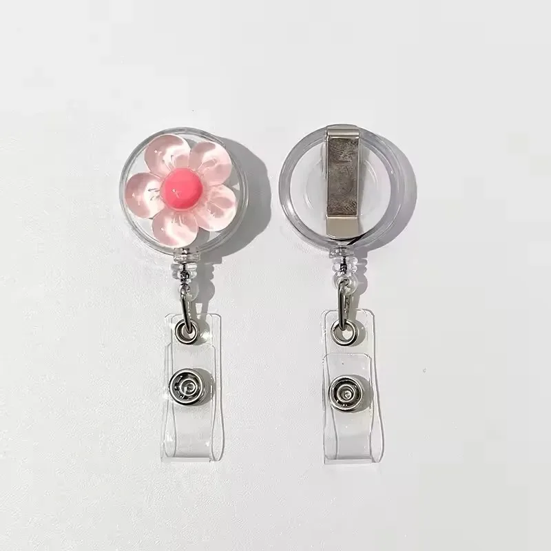 여성용 귀여운 투명 꽃무늬 배지 릴, 신축식 직원 ID 카드 풀 버클, 의사/간호사 ID 카드 배지 홀더 클립