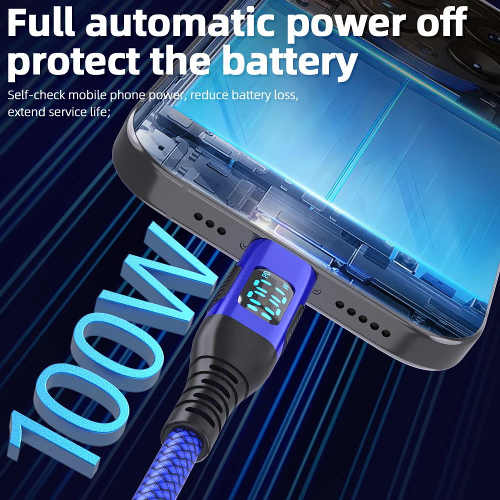USB C to Type C LED 디스플레이 케이블 1M 2M 3M 고속 충전 케이블 나일론 편조 3A 5A 60W 100W 최대 고속 충전 아이폰 15 16용