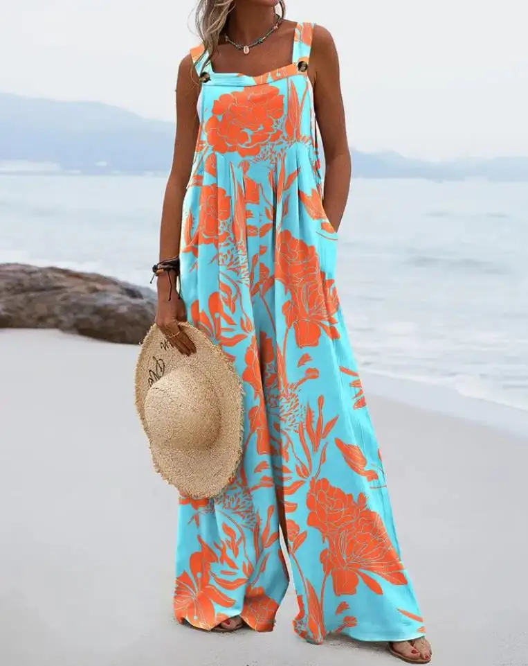 Elegant Jumpsuit Women 2024 Square Neck Sleeveless Plants Floral Print Wide Leg Suspender Jumpsuit Overalls Y2K Club Romper