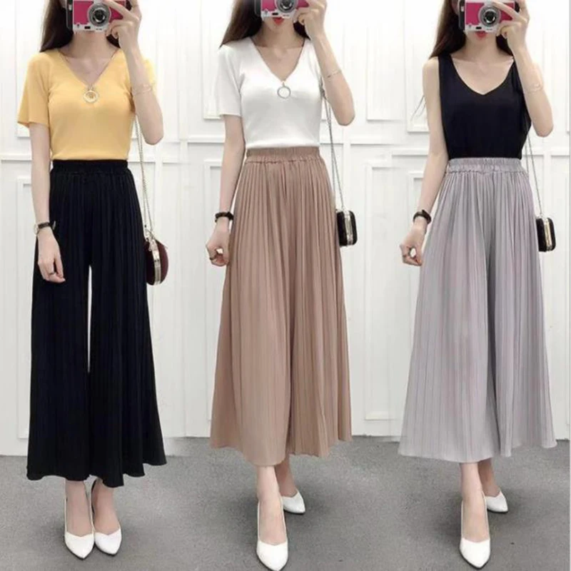 Summer Women's Pants Solid Color Pleated Pants Linen Wide Leg Pants Eight Points Low Waist Loose Street Casual Pants plus size capris