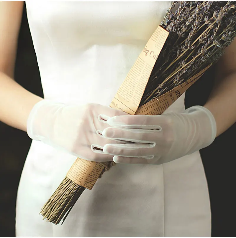 Wg002 einfache handgemachte Frauen Hochzeit Braut kurze weiße Handschuhe atmungsaktive Tüll Handgelenk Finger Bräute Brautjungfer Handschuh – Detail 7