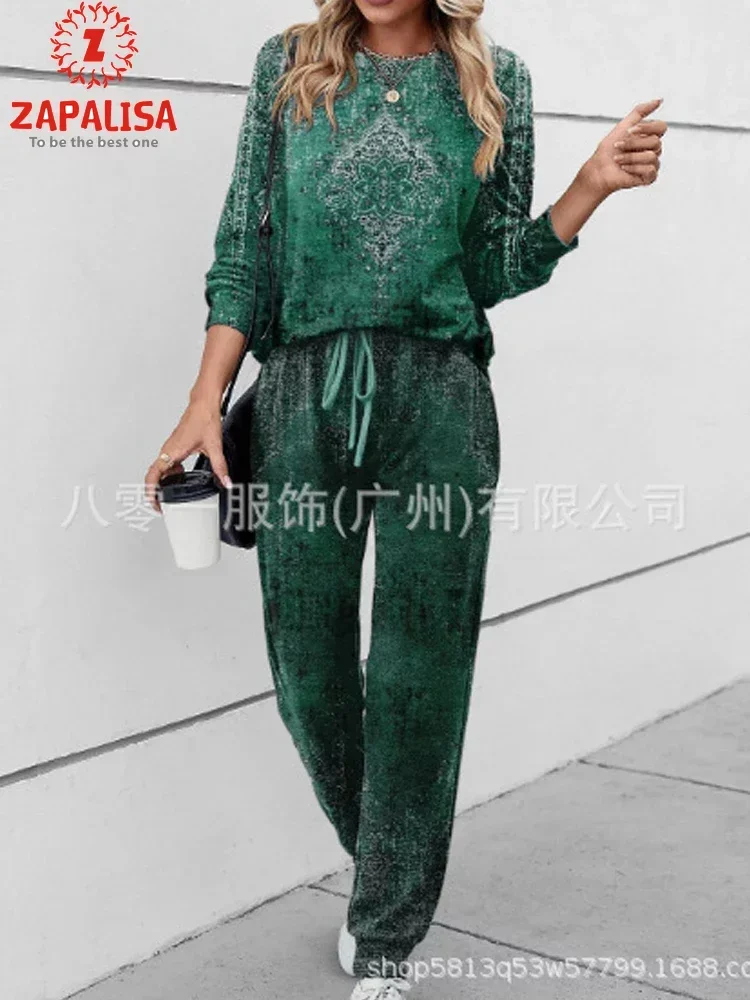 

Retro Print Casual Loose 2 Piece Set for Women Drawstring Design Mid Waist Long Trousers+O-Neck Long Sleeve Pullovers Hoodies