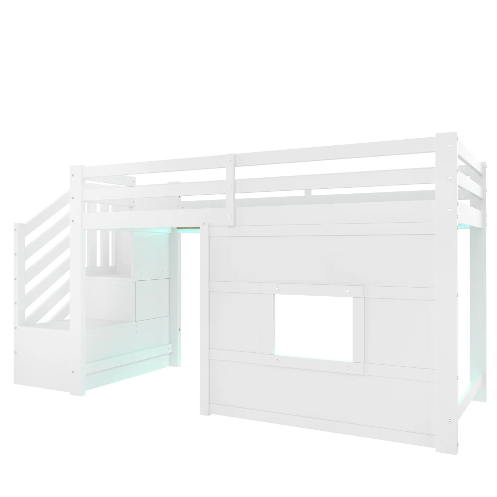 Weißes Hochbett 90x200cm mit Stauraum, Treppe & Fenster | Robustes Multifunktionales Hochbett | Ideal für Zuhause, Studentenwohnheim und Apartment – Detail 9