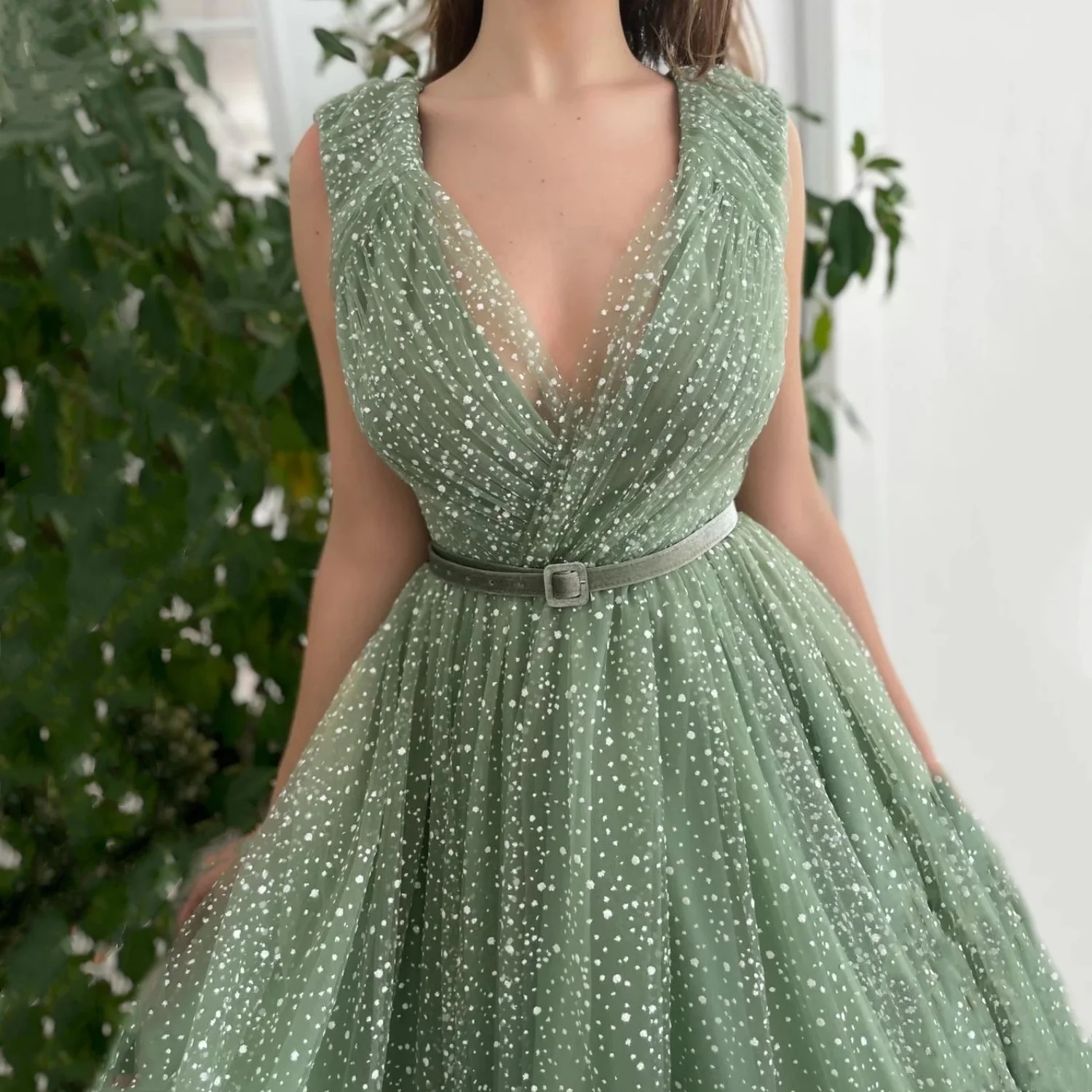 green emerald velvet dress Green Chain See-Through Elegant Wedding Guest Dress RX70326